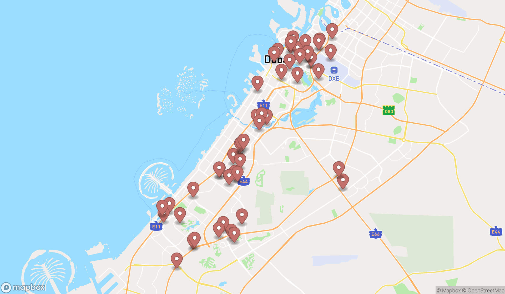 Map showing the search results in Dubai
