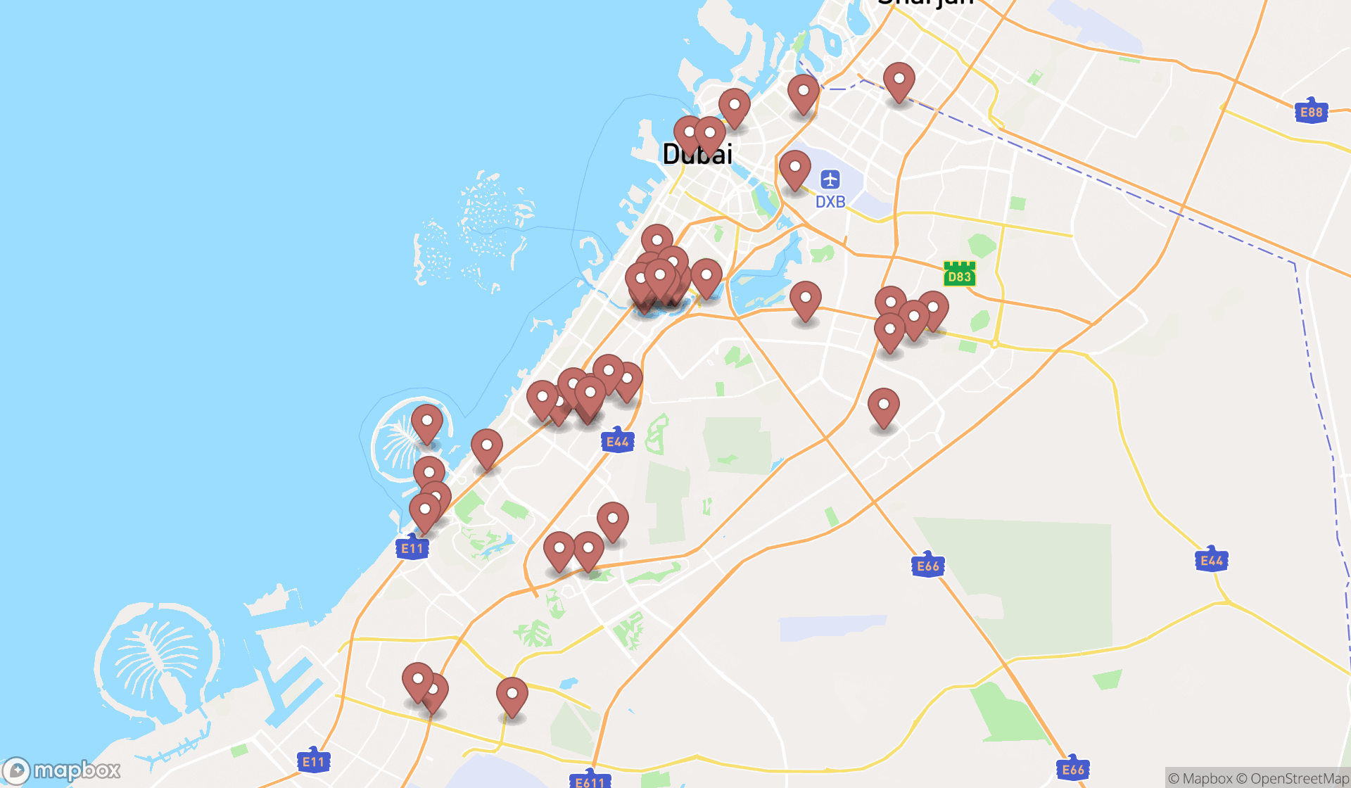 Map showing the search results in Dubai