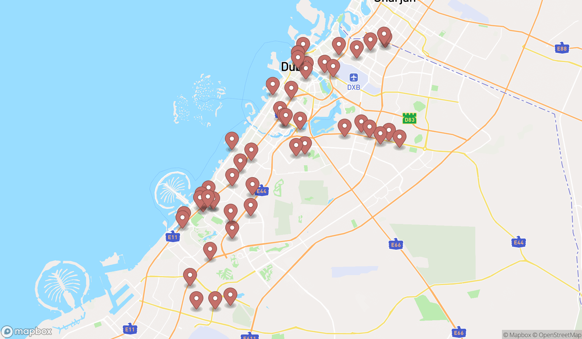 Map showing the search results in Dubai