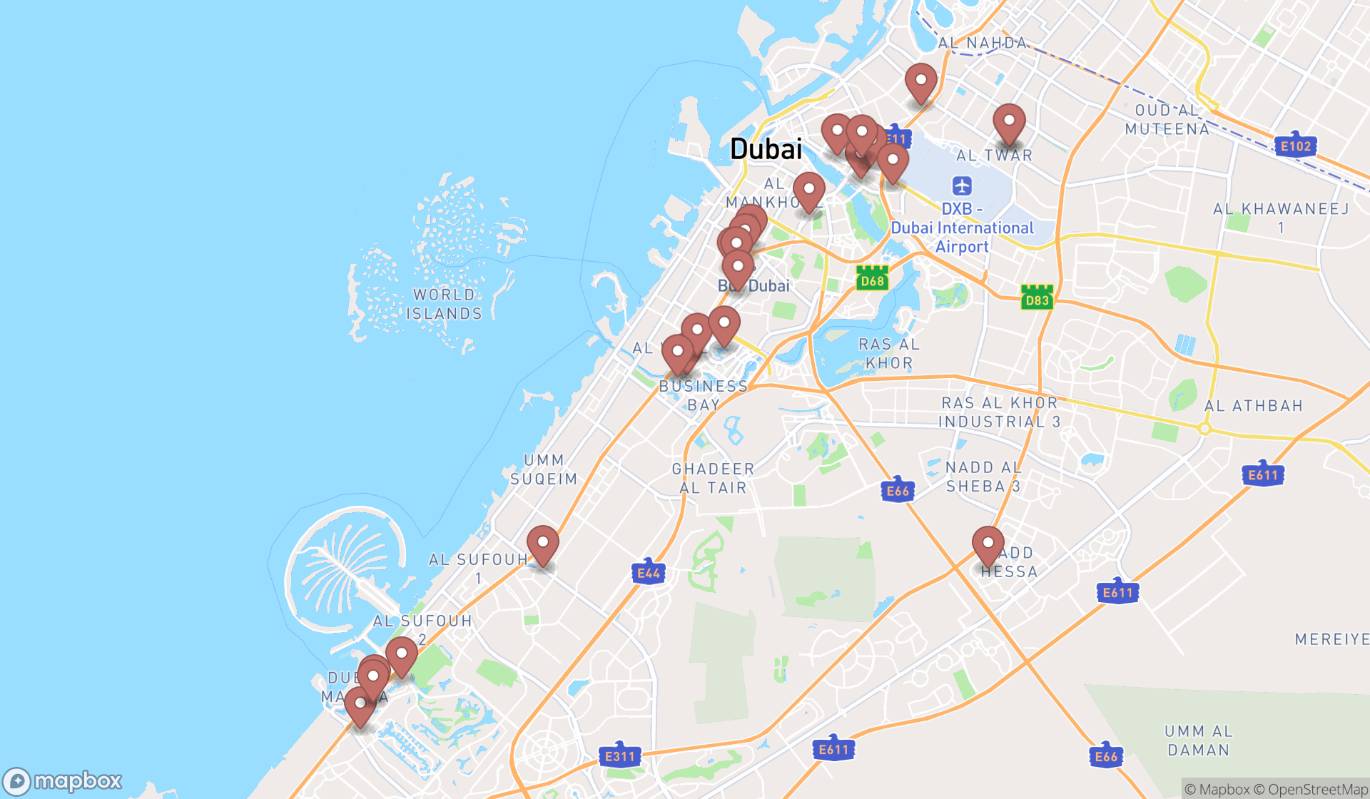 Map showing the search results in Dubai