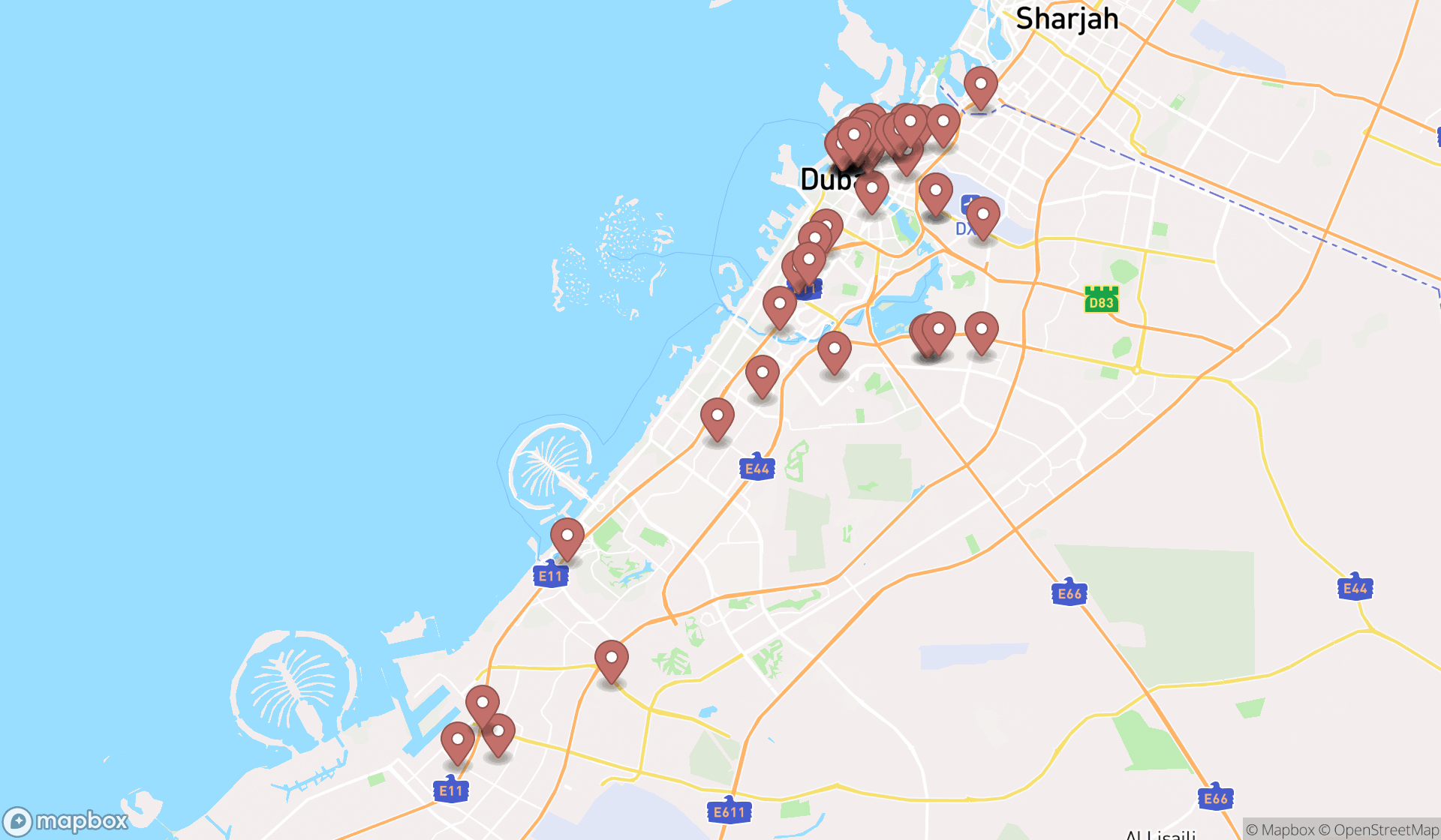 Map showing the search results in Dubai