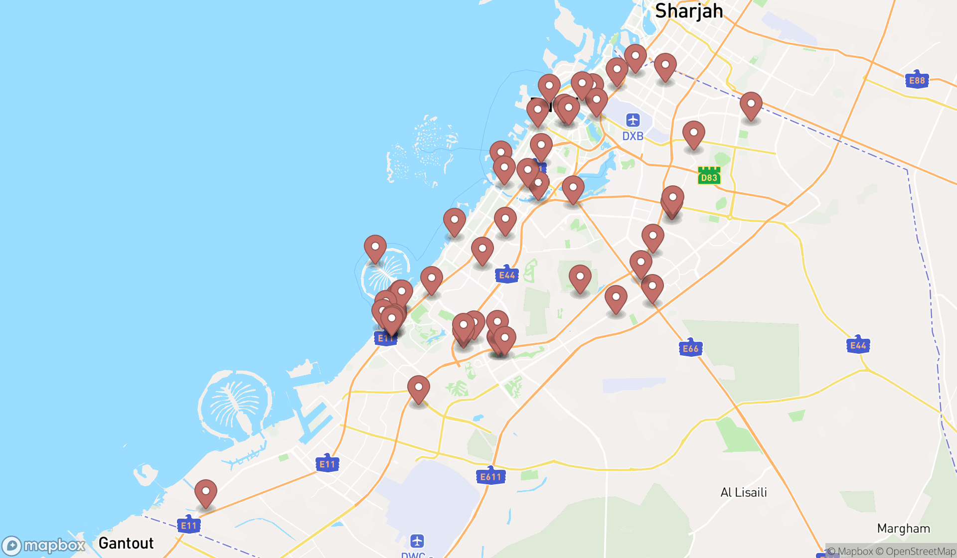 Map showing the search results in Dubai