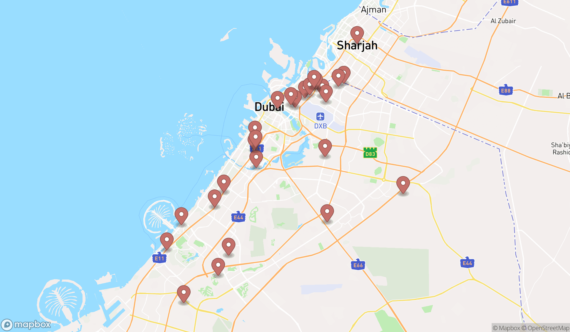 Map showing the search results in Dubai