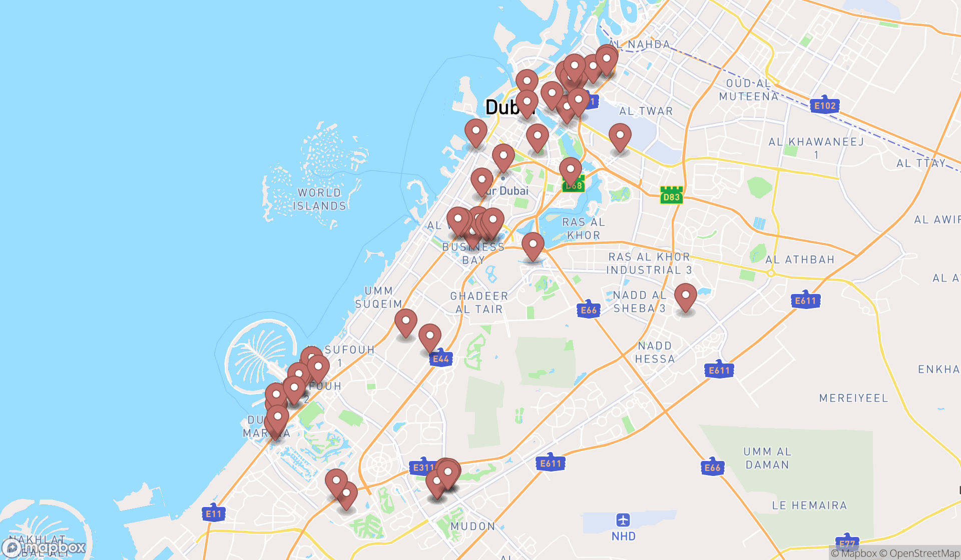 Map showing the search results in Dubai
