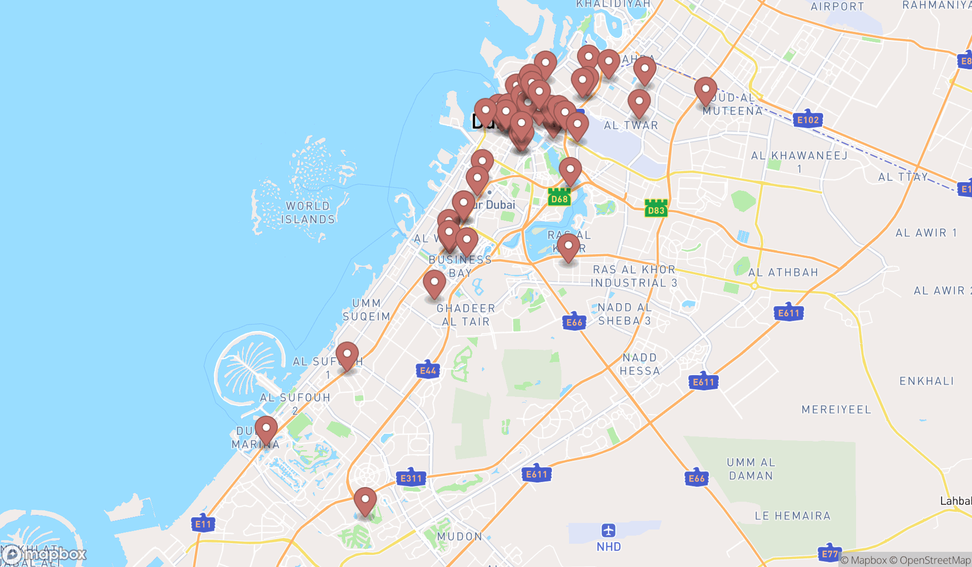 Map showing the search results in Dubai