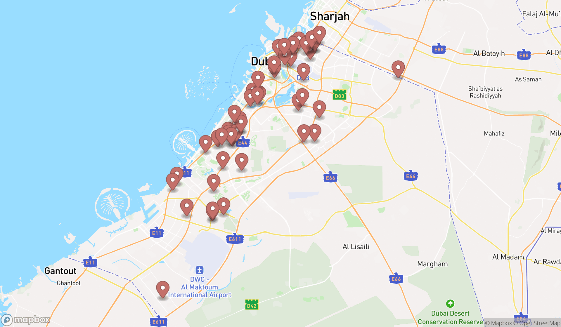 Map showing the search results in Dubai
