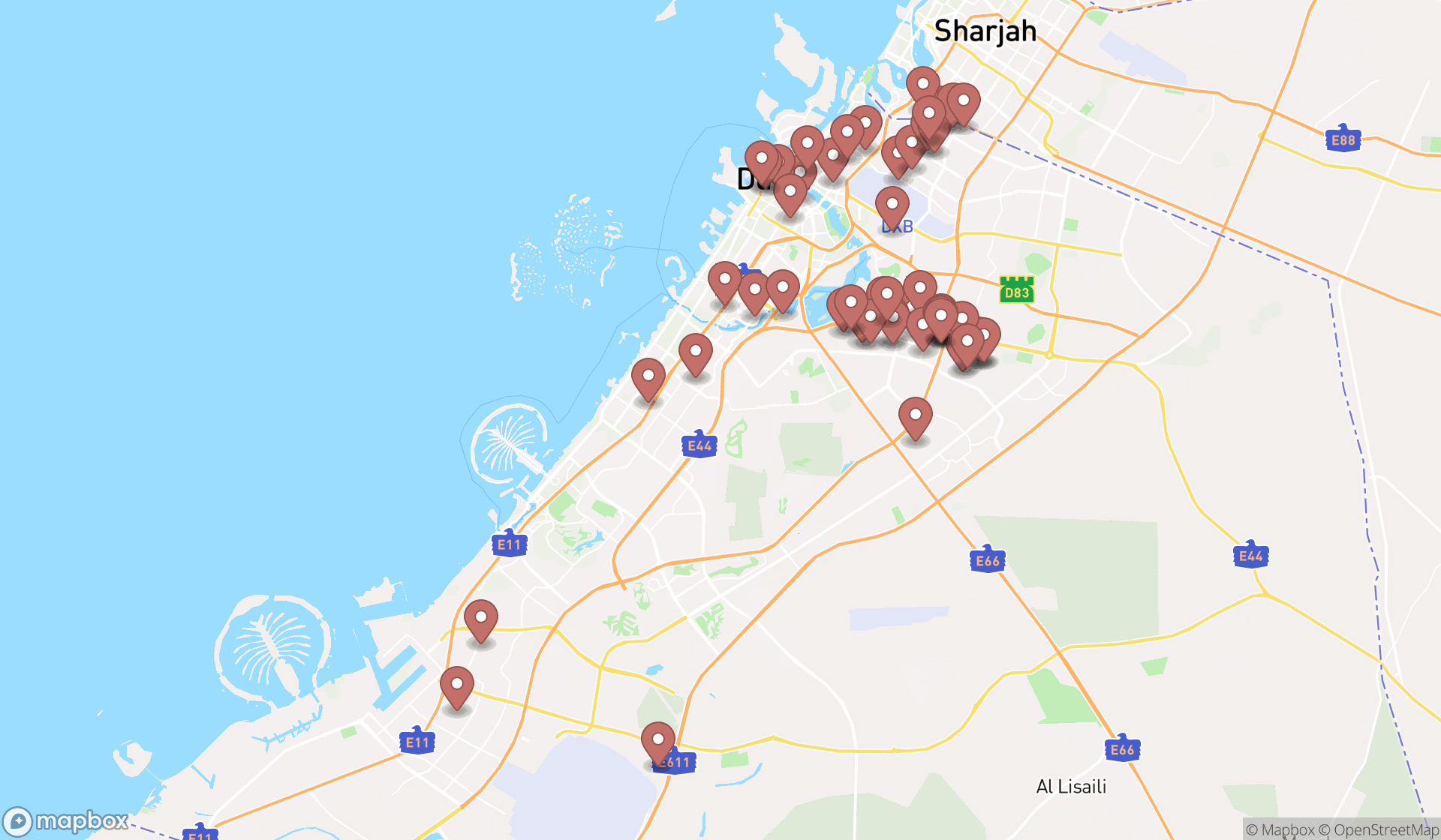 Map showing the search results in Dubai