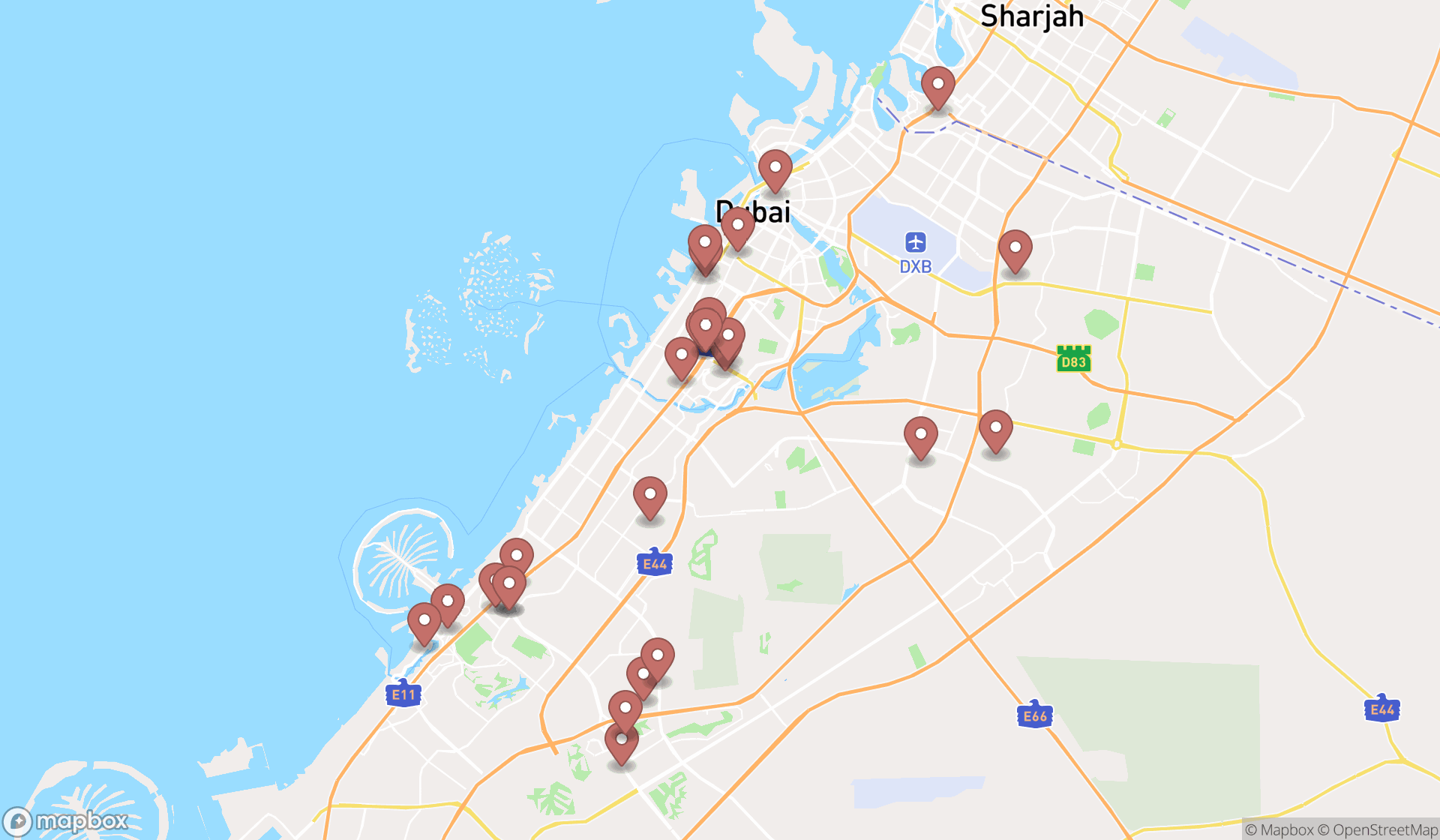 Map showing the search results in Dubai
