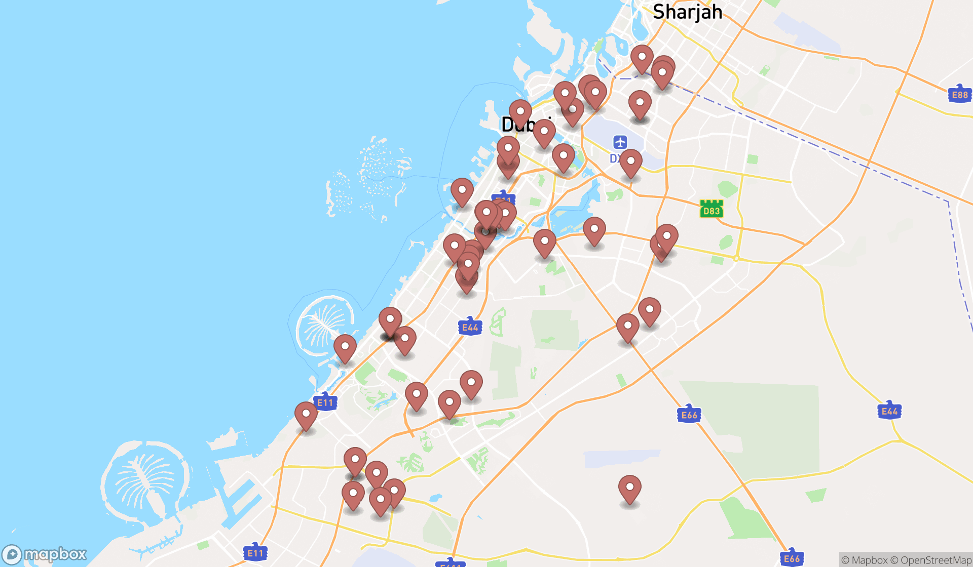 Map showing the search results in Dubai