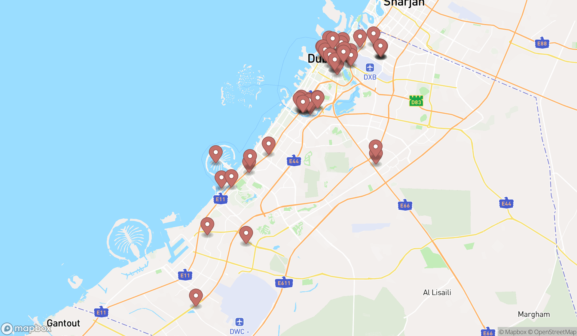 Map showing the search results in Dubai