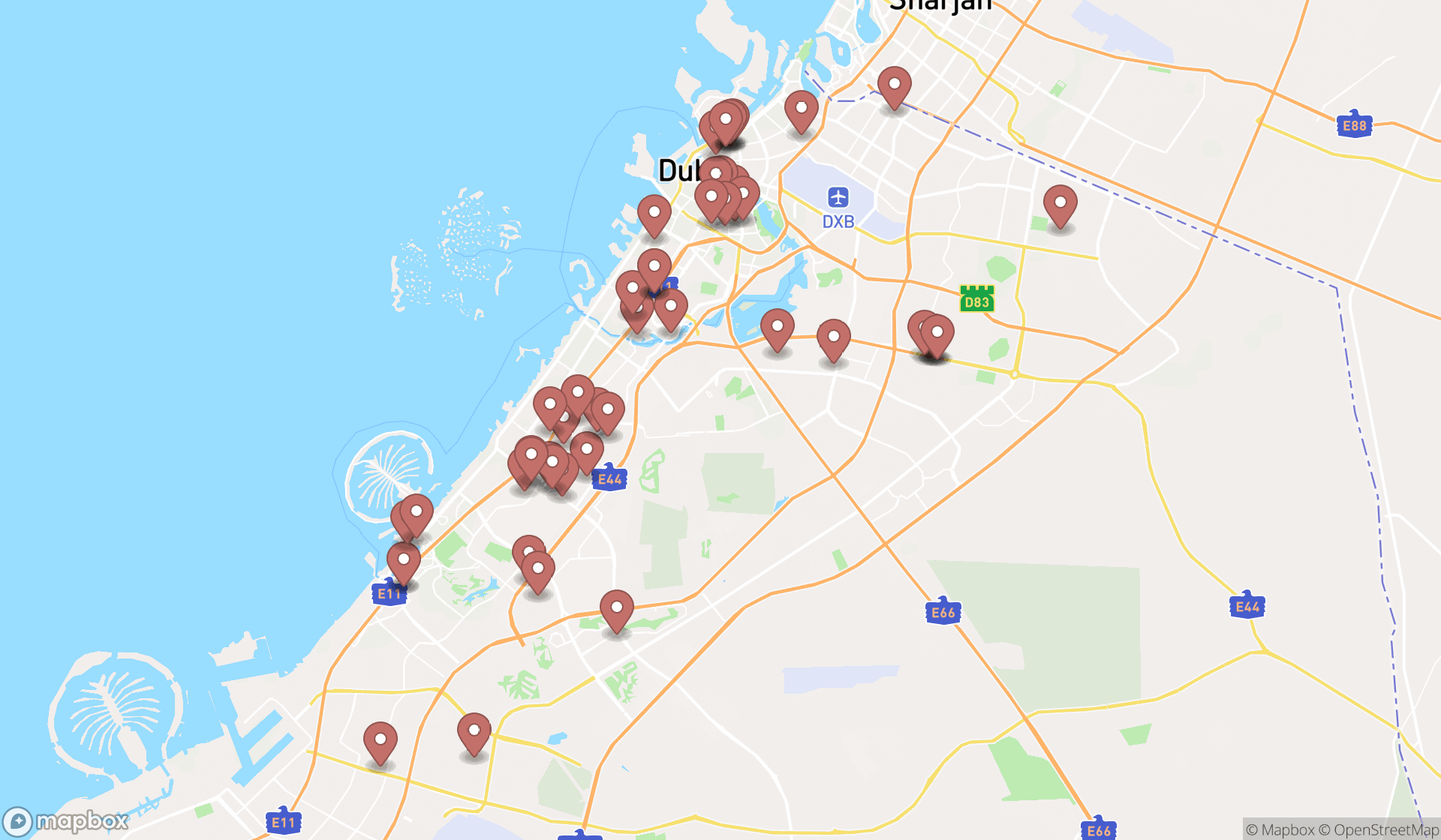Map showing the search results in Dubai