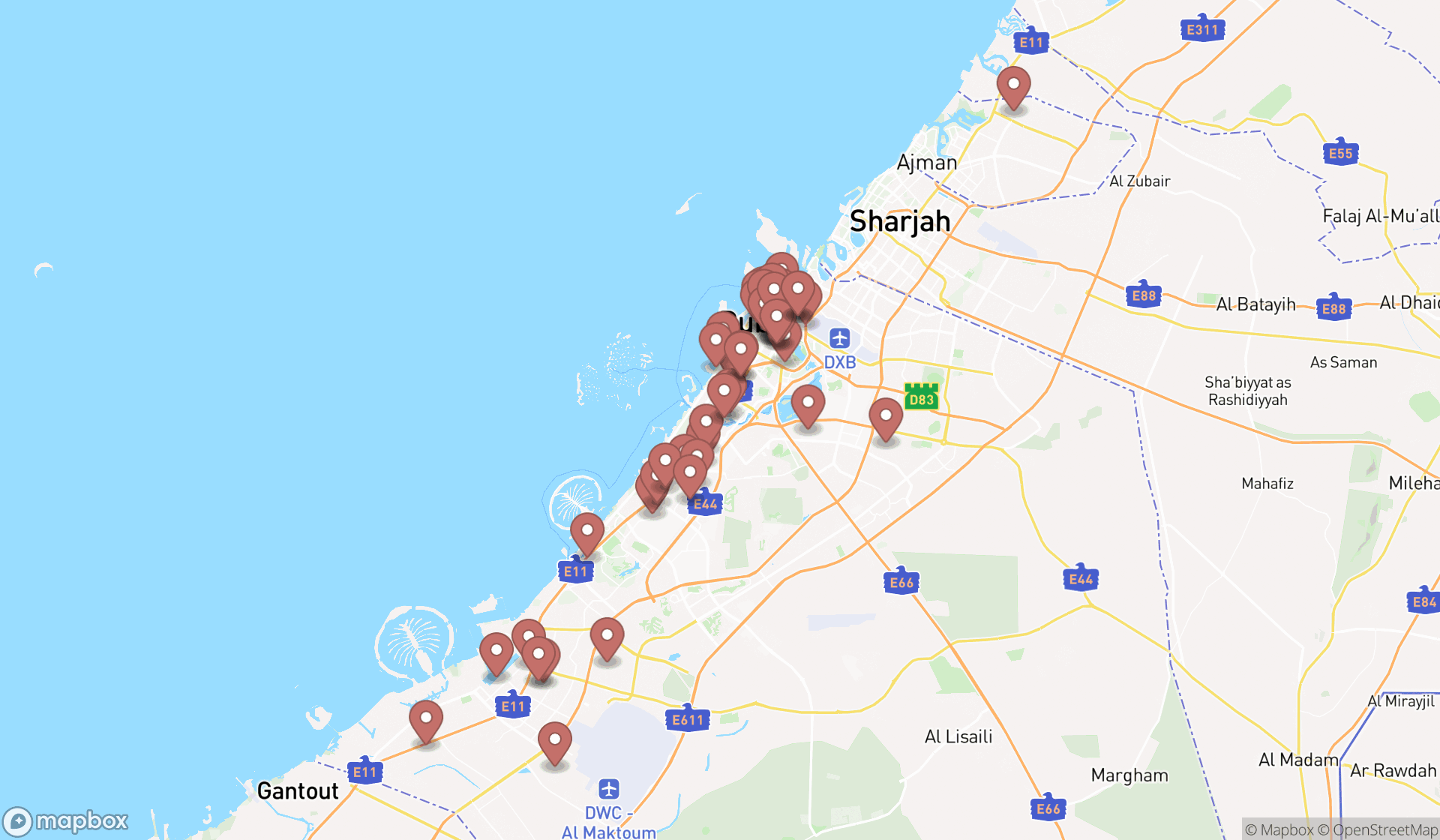 Map showing the search results in Dubai