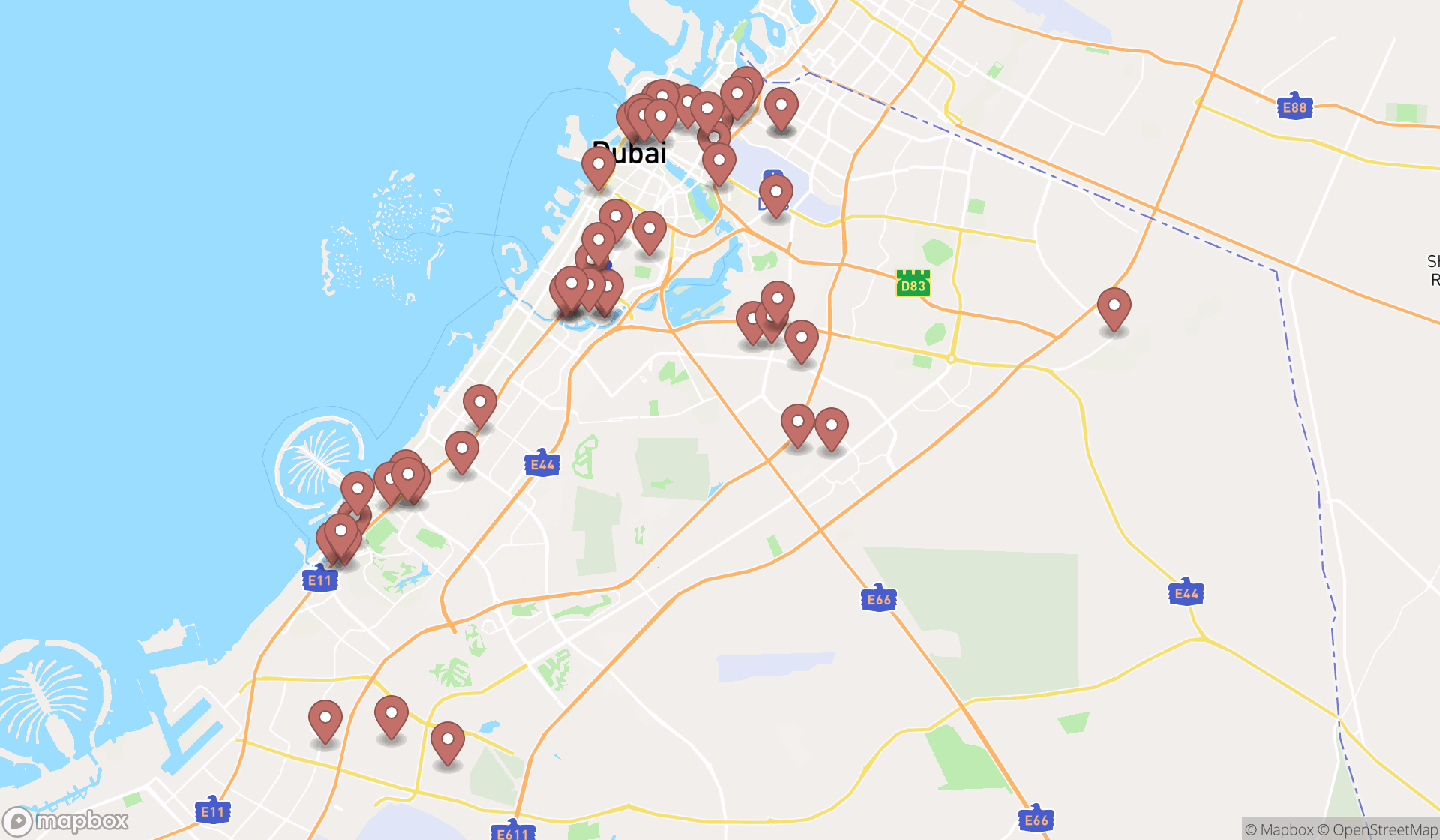 Map showing the search results in Dubai