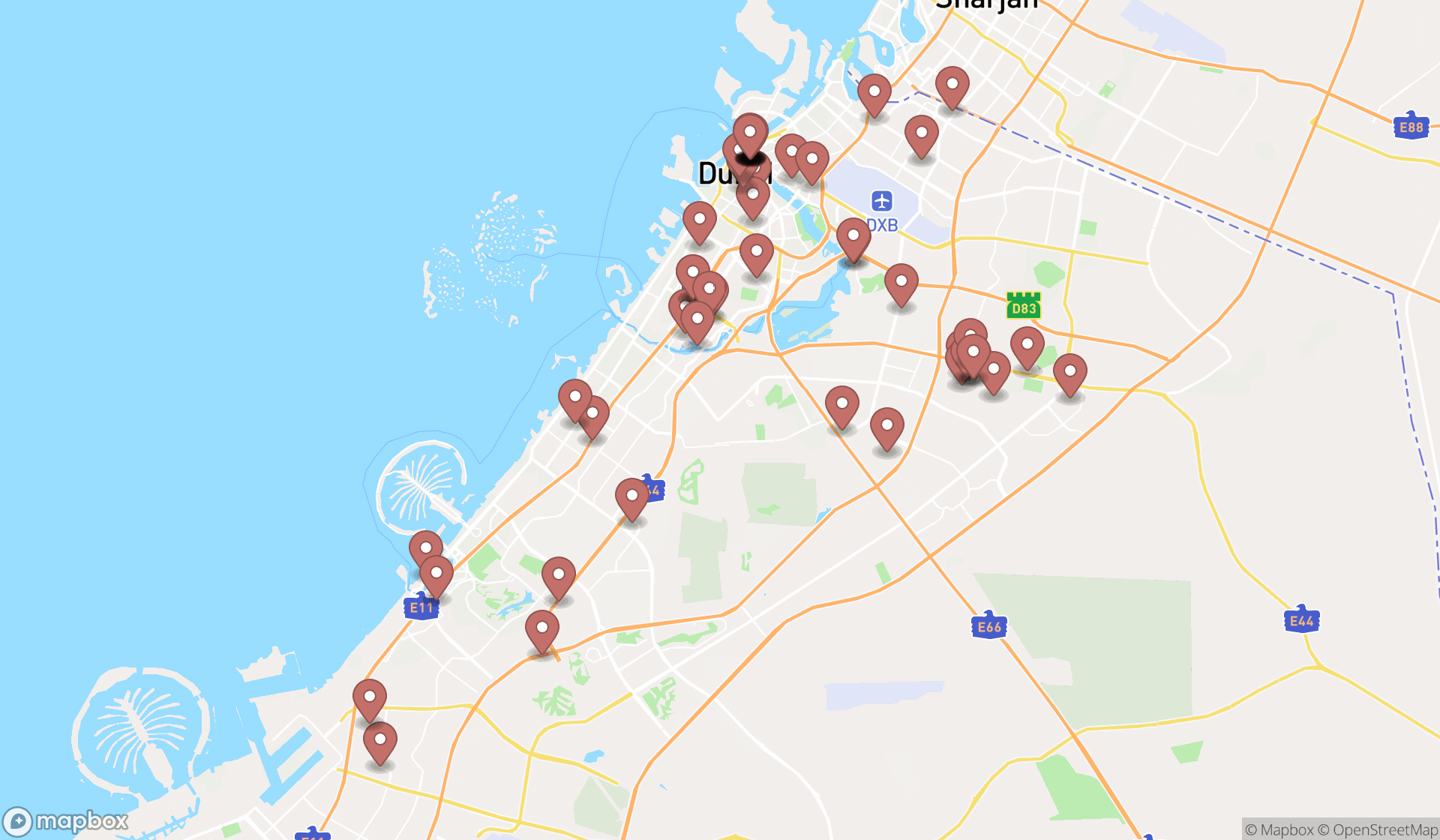 Map showing the search results in Dubai