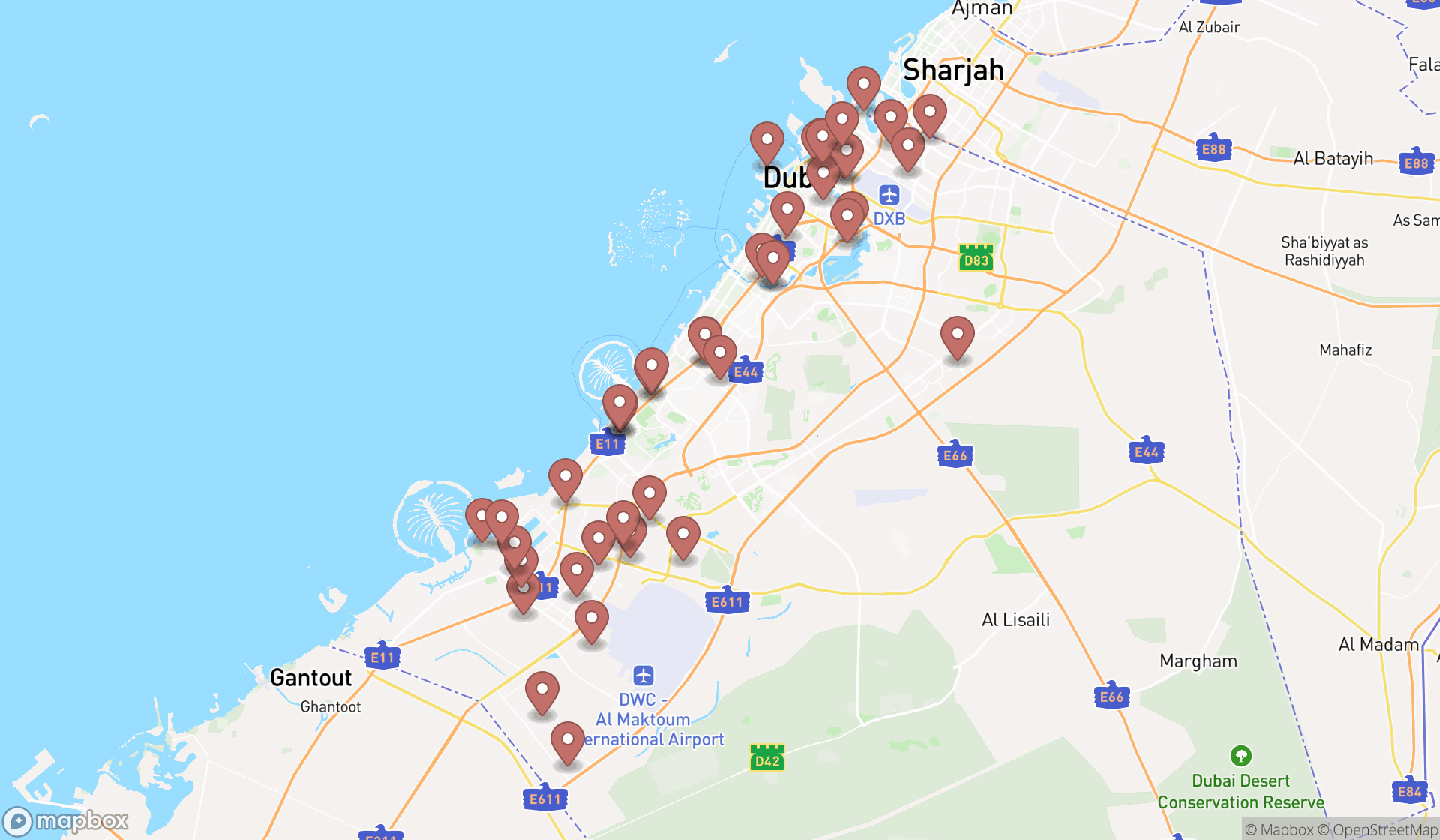Map showing the search results in Dubai
