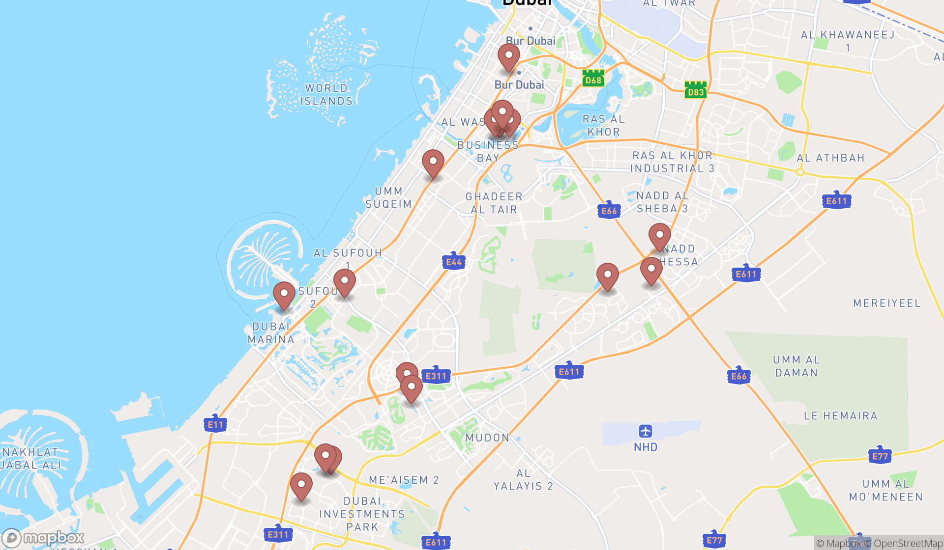 Map showing the search results in Dubai