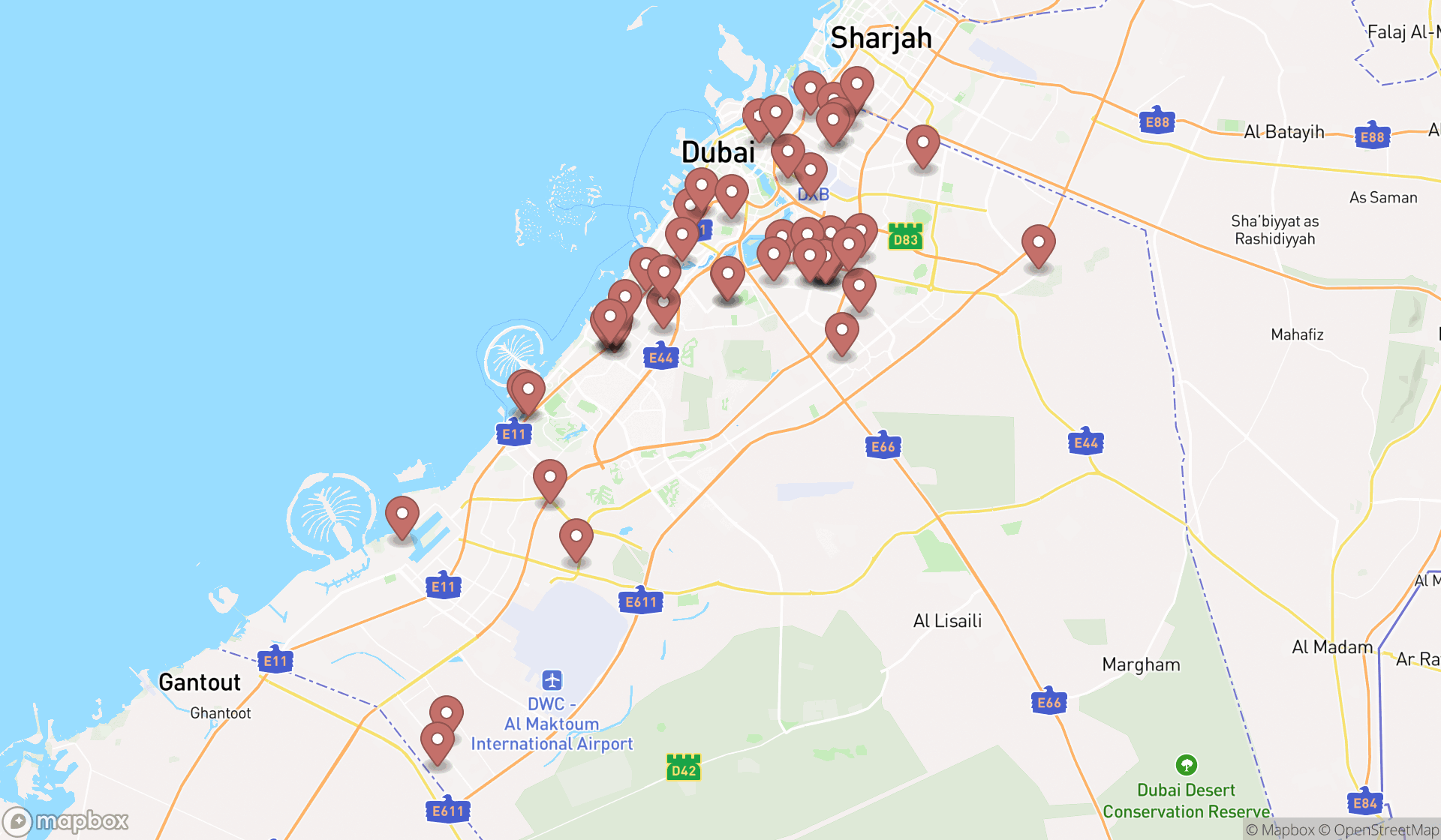 Map showing the search results in Dubai