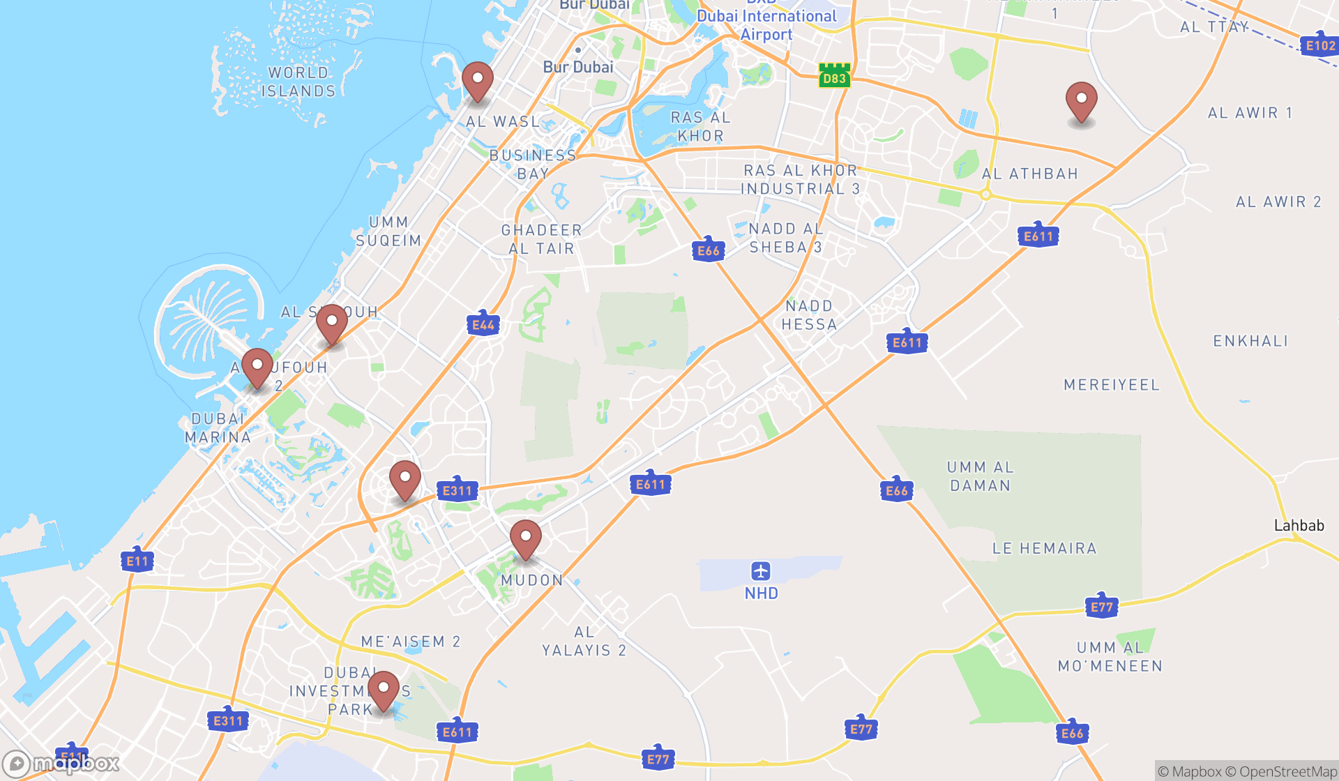 Map showing the search results in Dubai