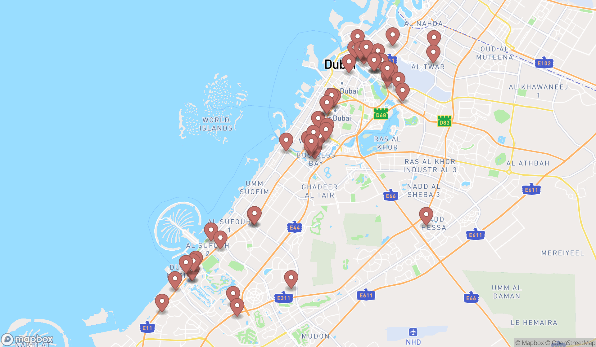 Map showing the search results in Dubai