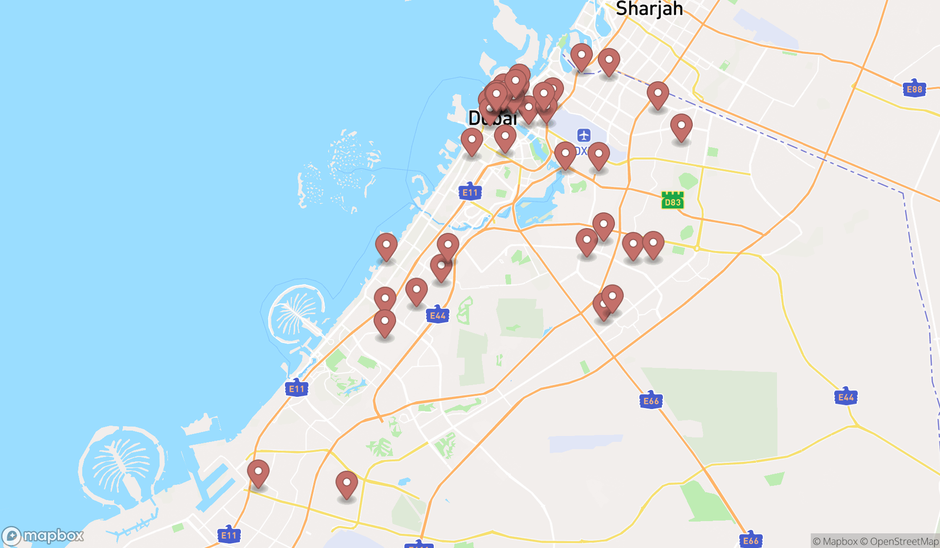 Map showing the search results in Dubai
