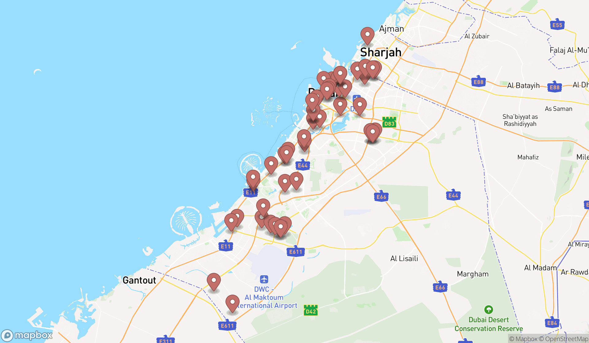 Map showing the search results in Dubai