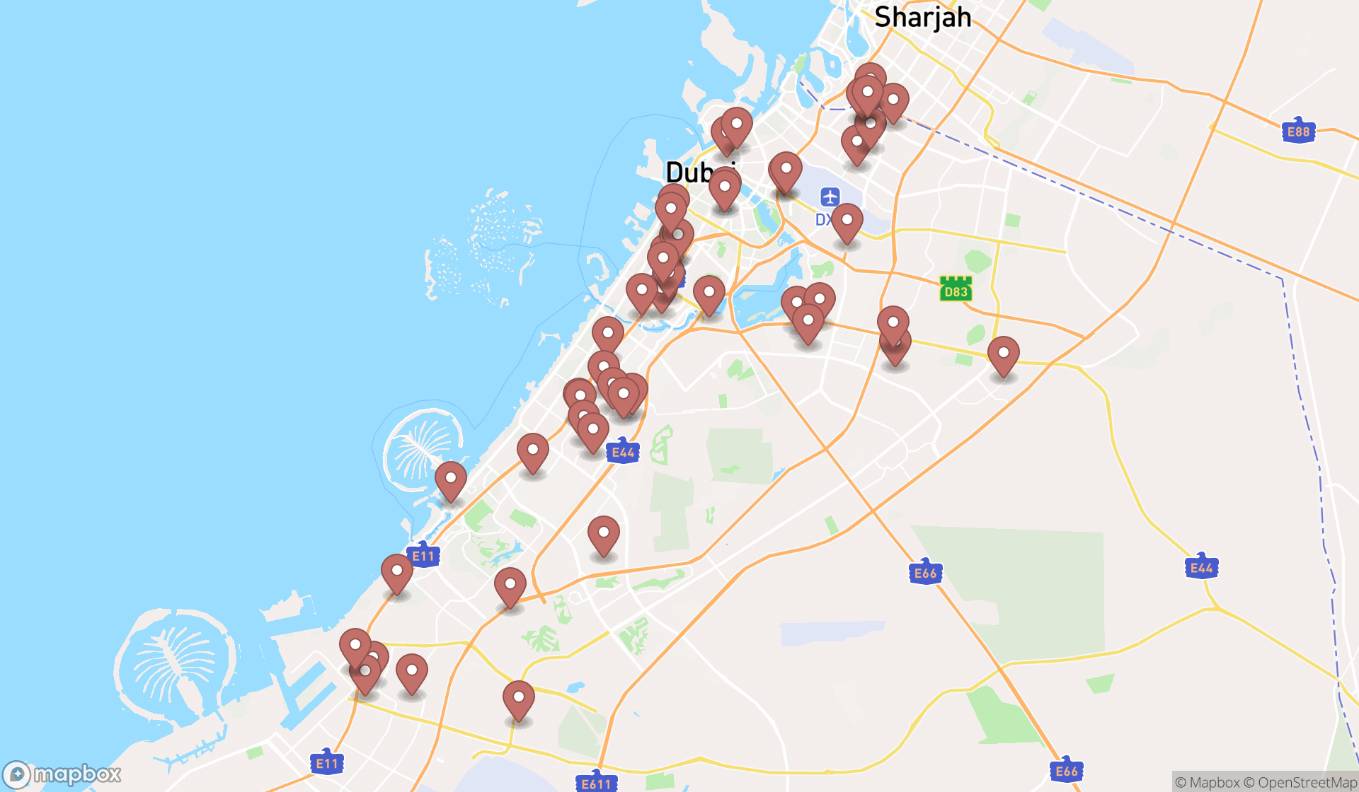 Map showing the search results in Dubai
