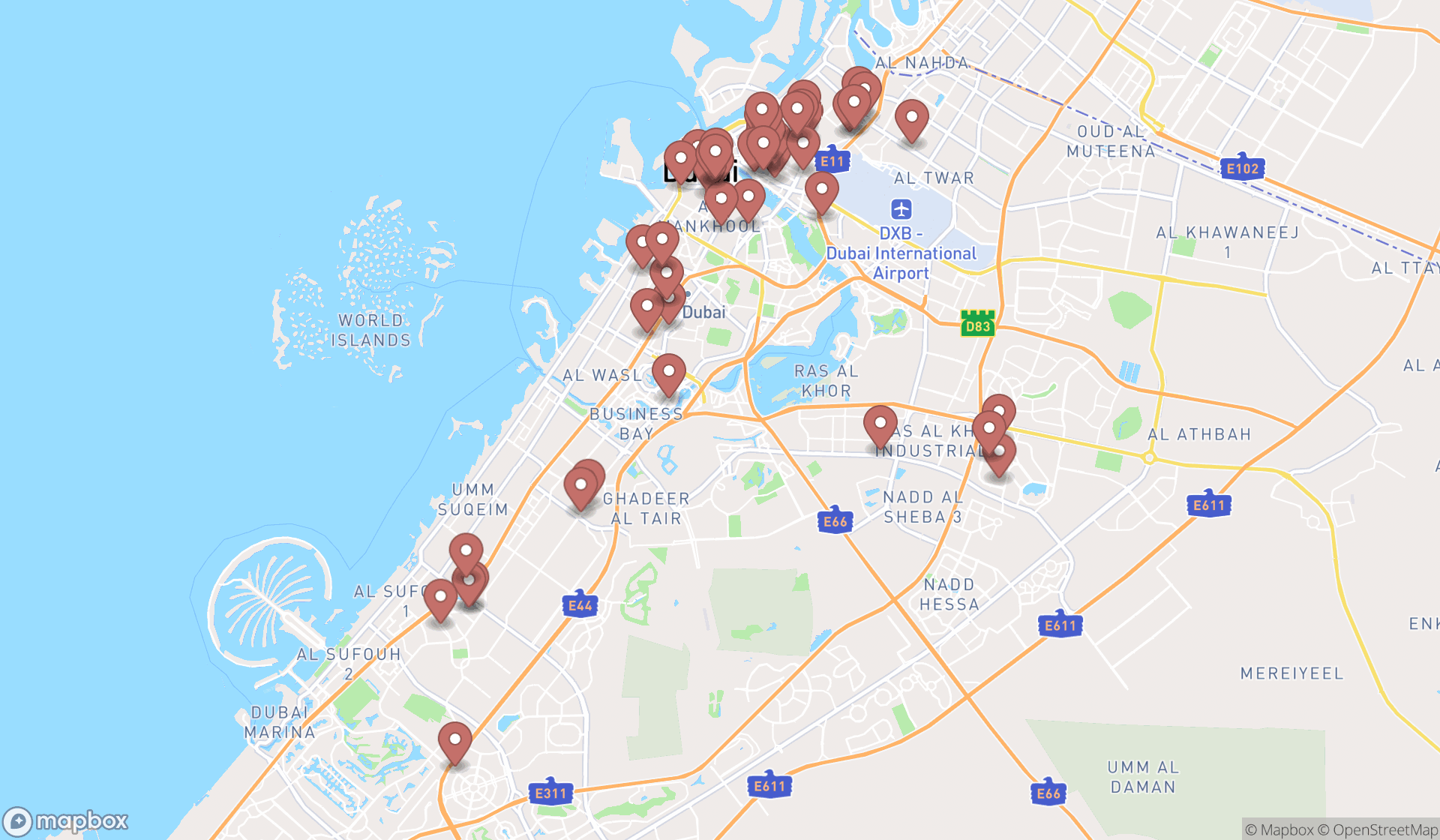 Map showing the search results in Dubai