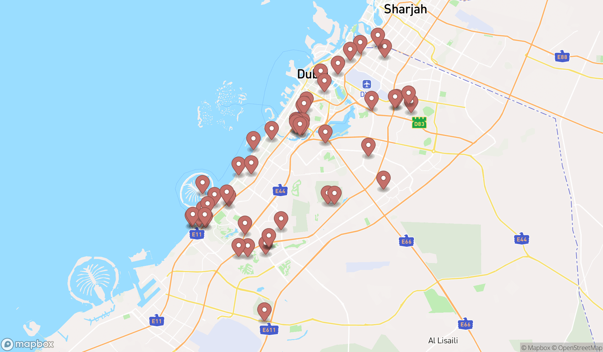 Map showing the search results in Dubai