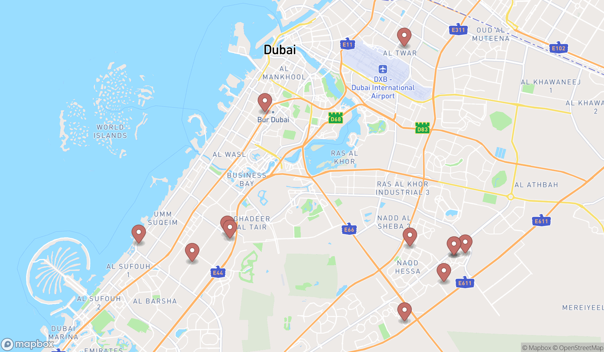 Map showing the search results in Dubai