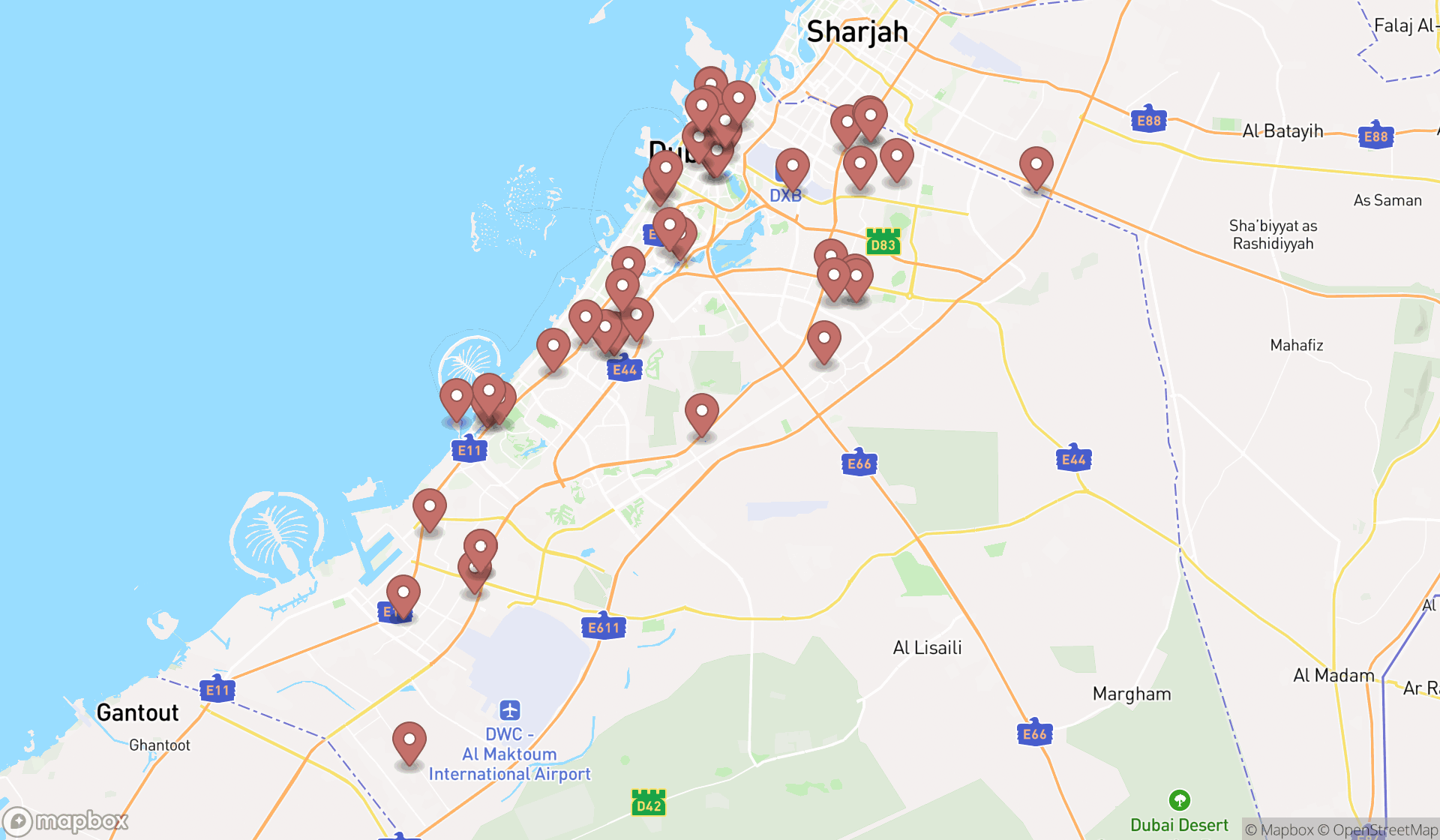 Map showing the search results in Dubai