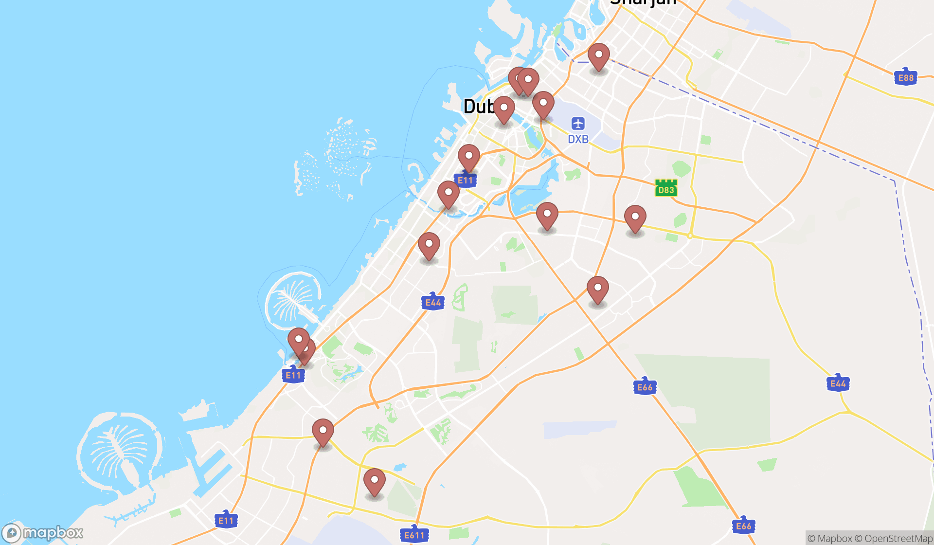 Map showing the search results in Dubai