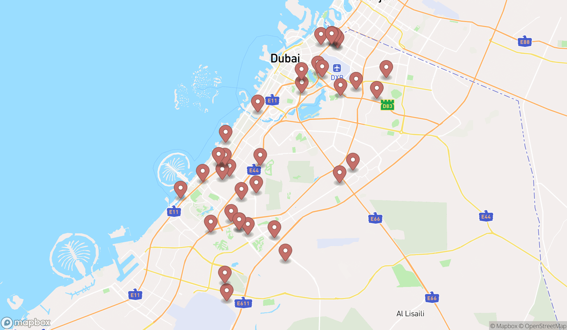 Map showing the search results in Dubai