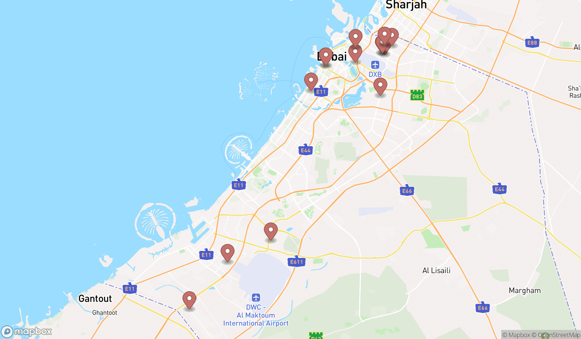 Map showing the search results in Dubai