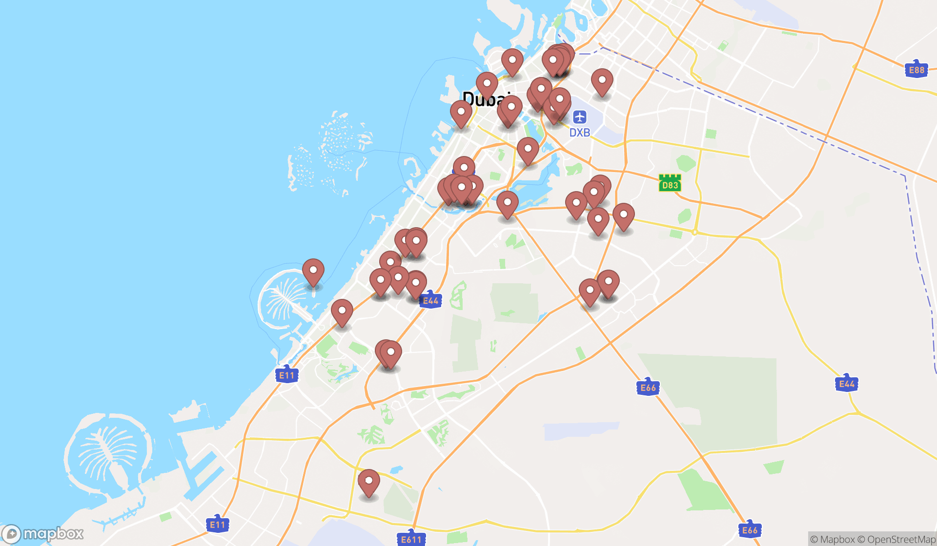 Map showing the search results in Dubai