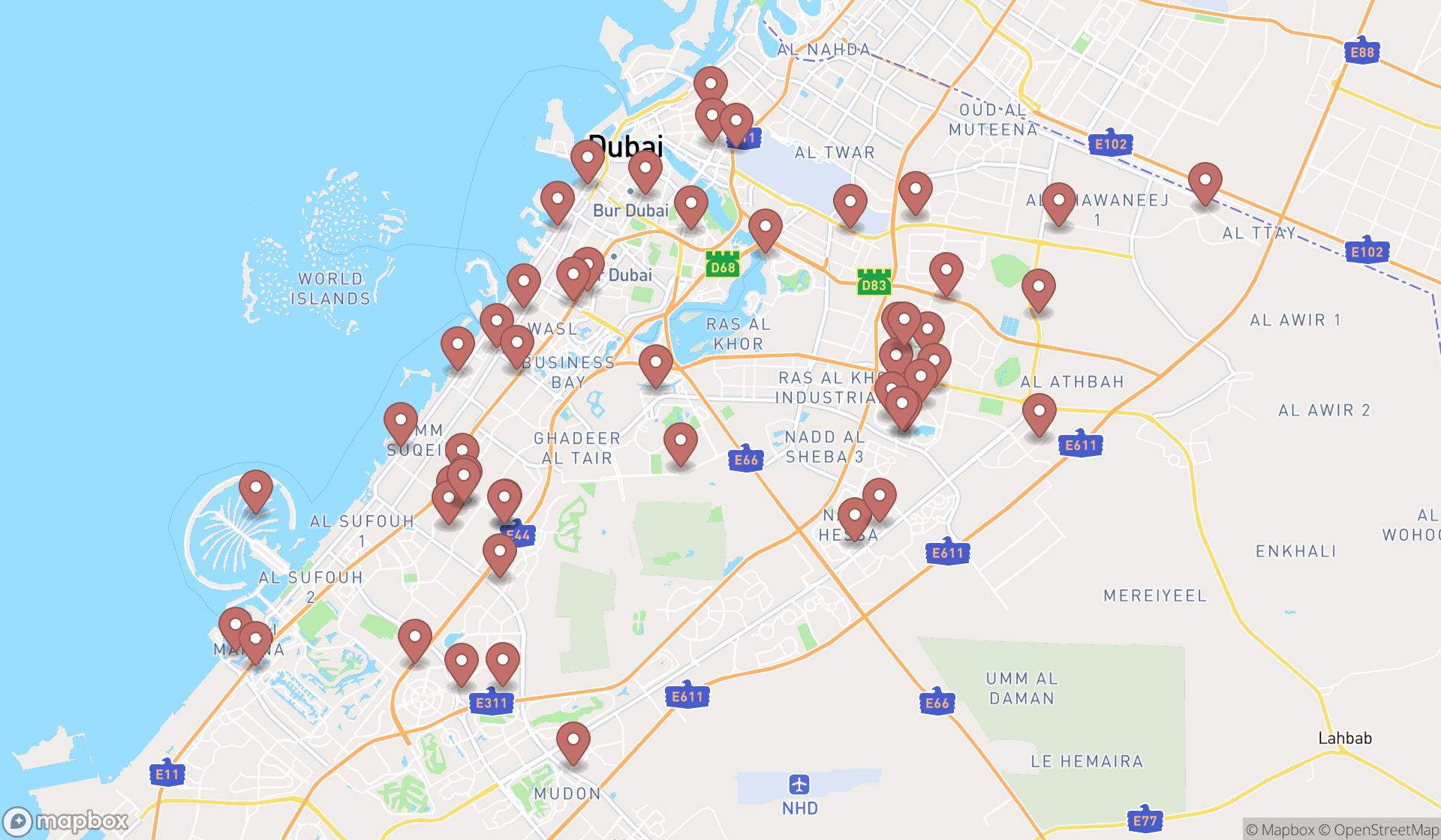 Map showing the search results in Dubai