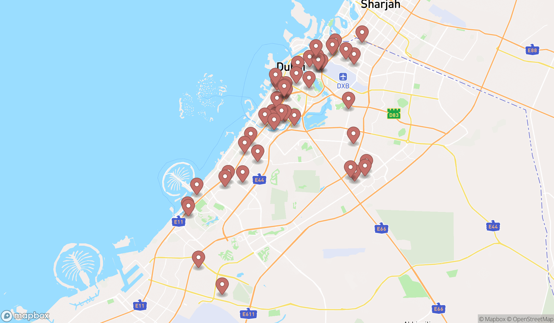 Map showing the search results in Dubai
