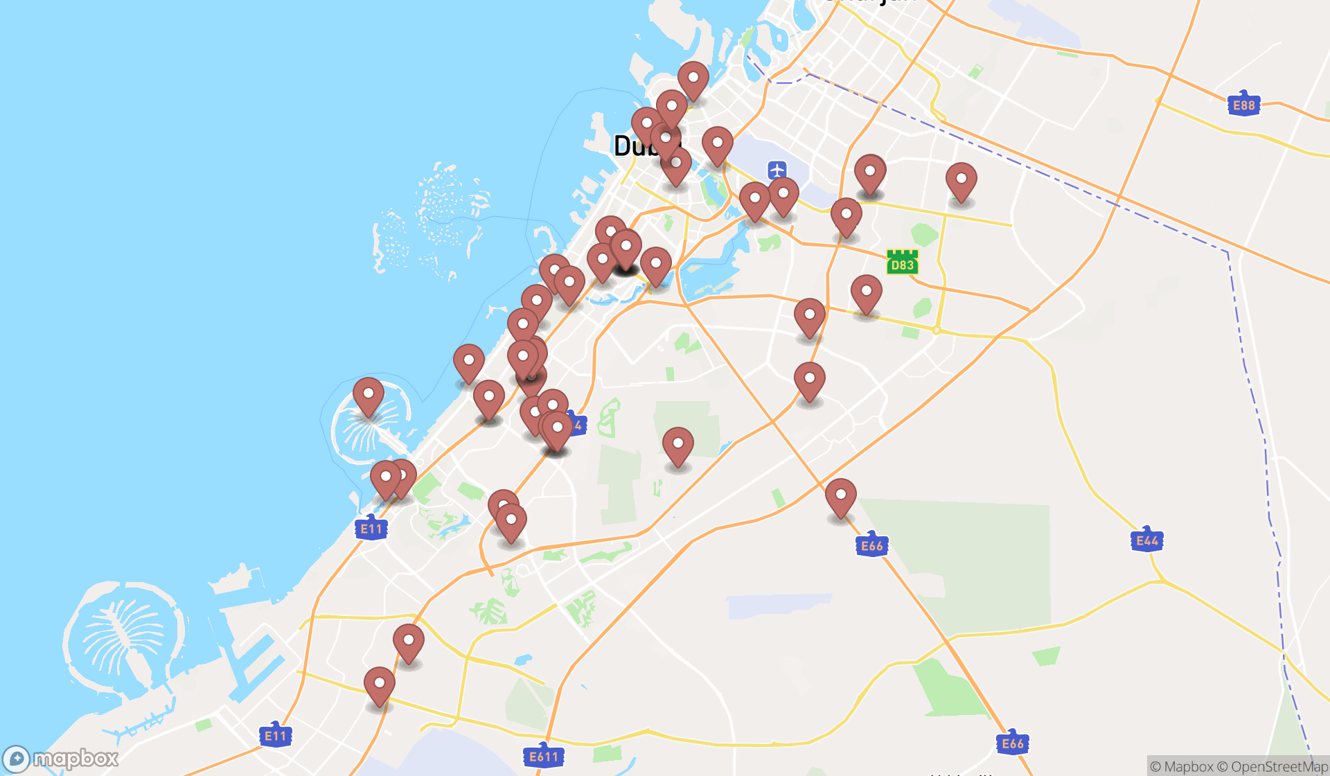 Map showing the search results in Dubai