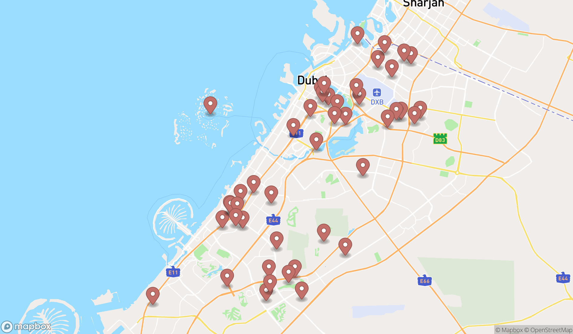 Map showing the search results in Dubai