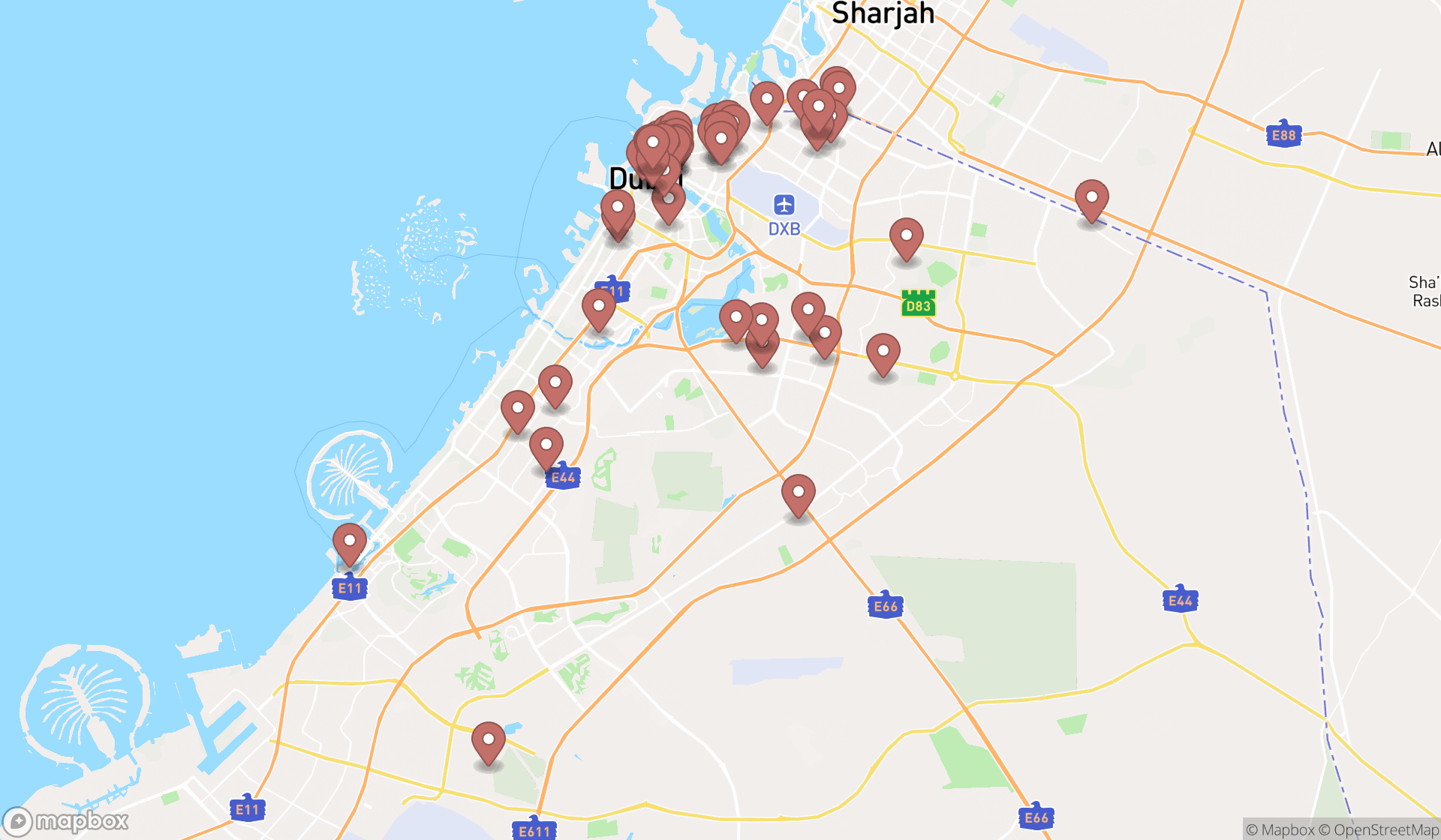 Map showing the search results in Dubai