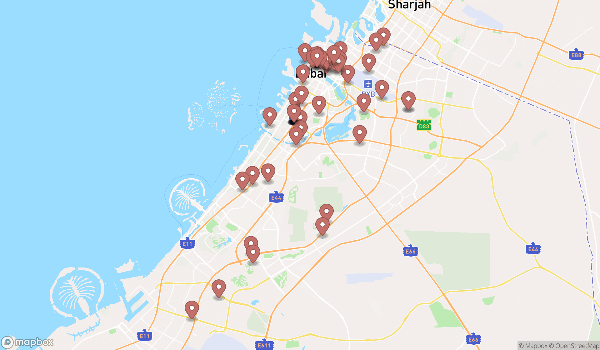 Map showing the search results in Dubai