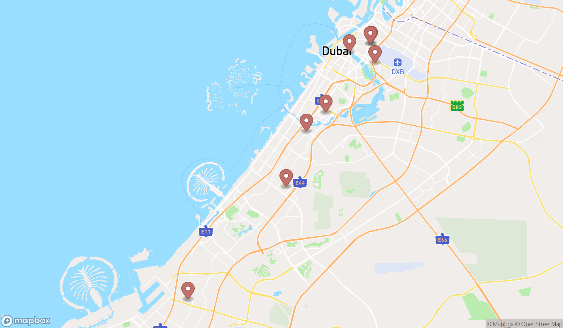 Map showing the search results in Dubai