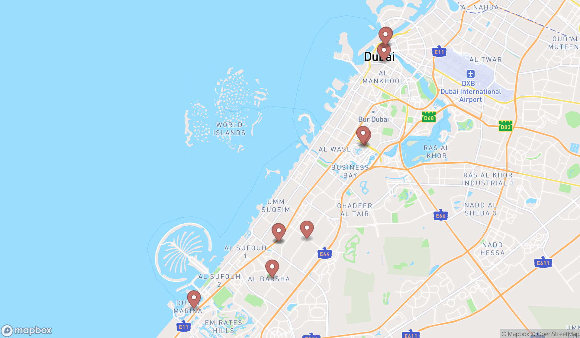 Map showing the search results in Dubai