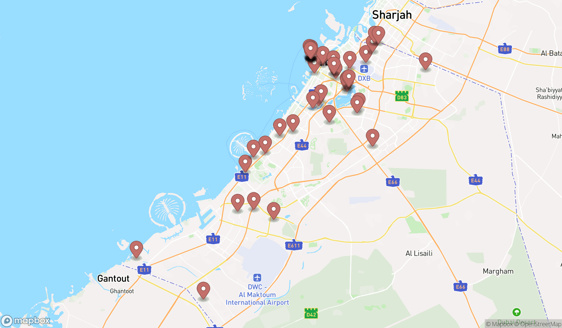 Map showing the search results in Dubai