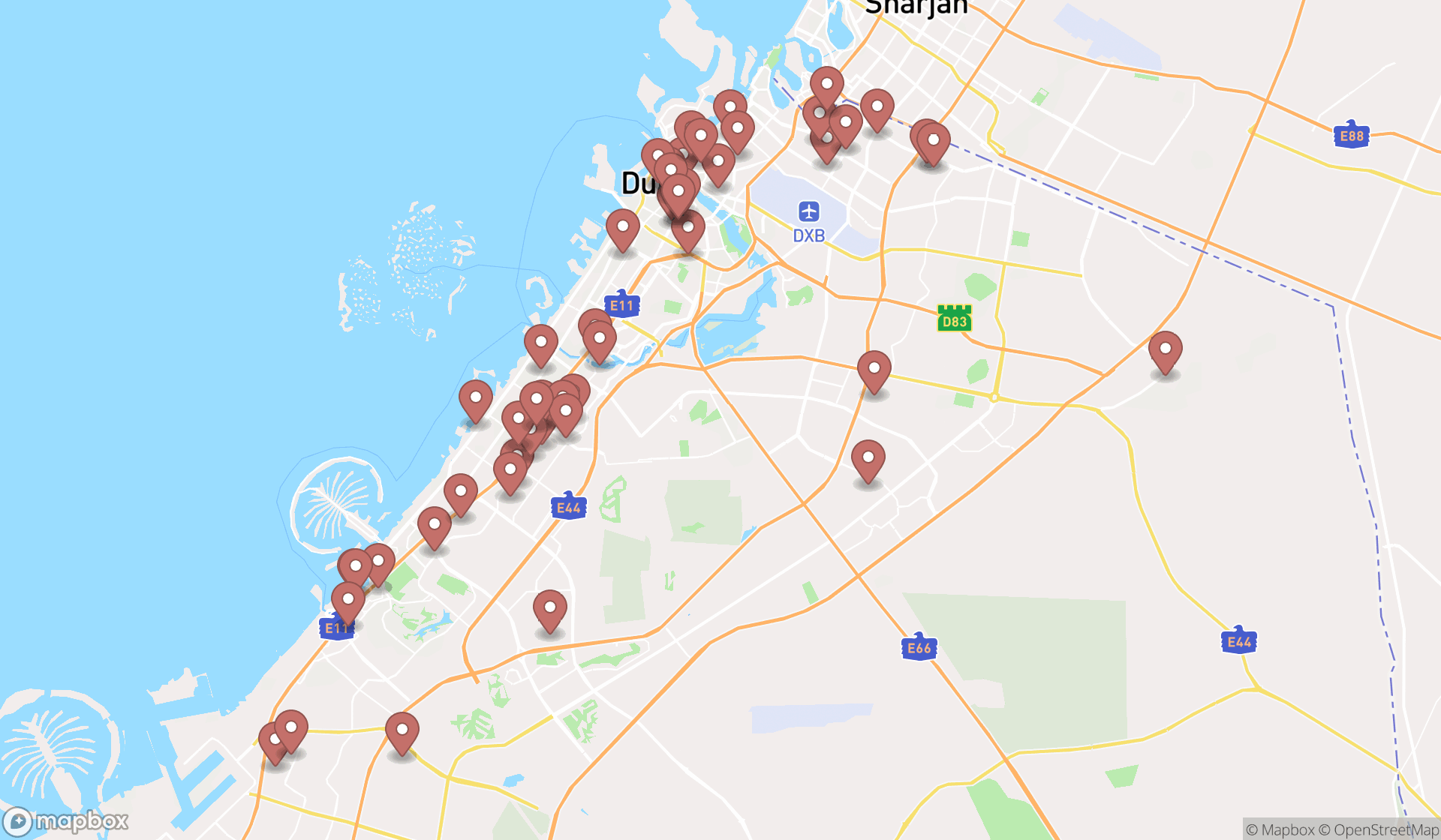 Map showing the search results in Dubai