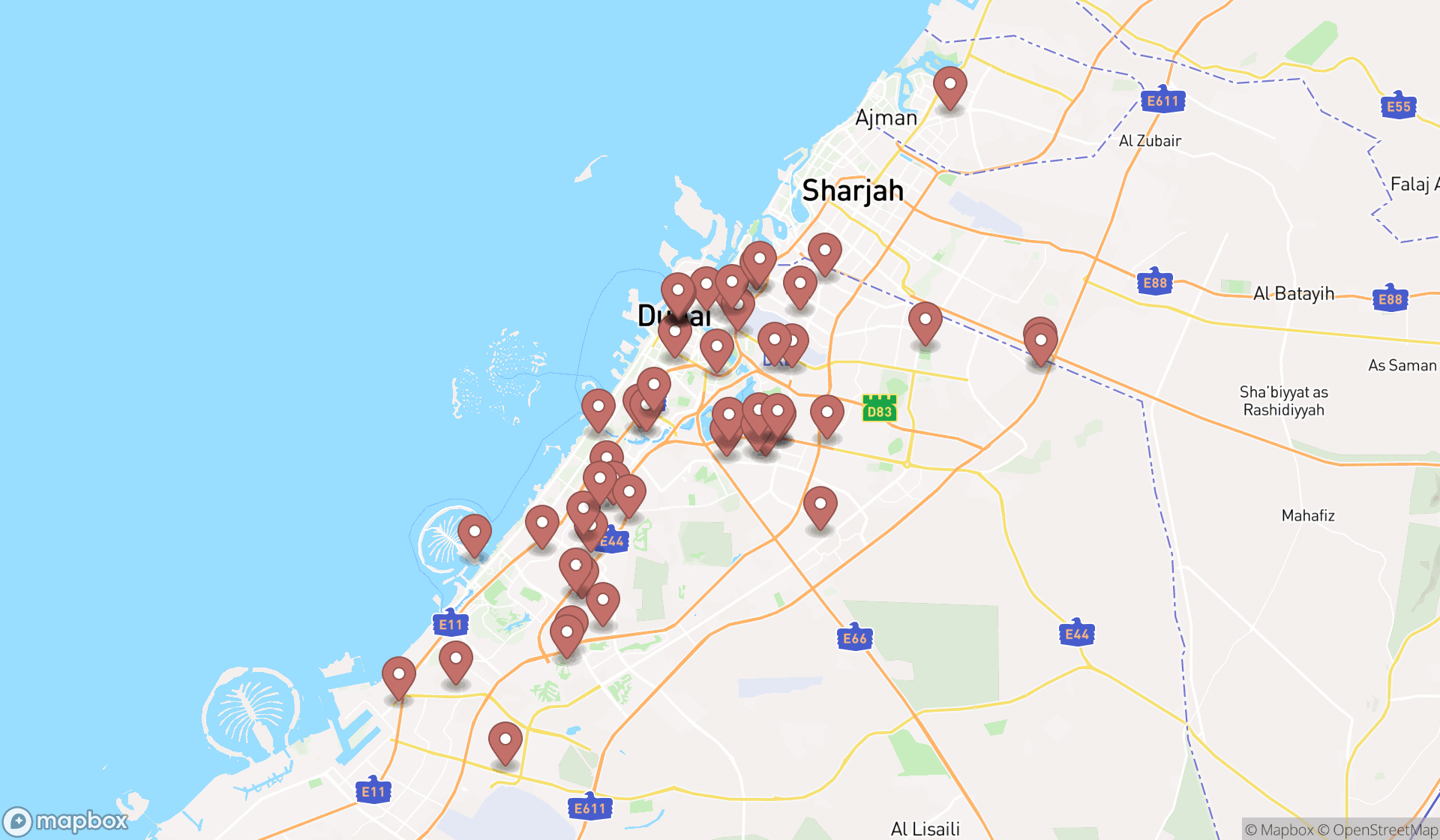 Map showing the search results in Dubai
