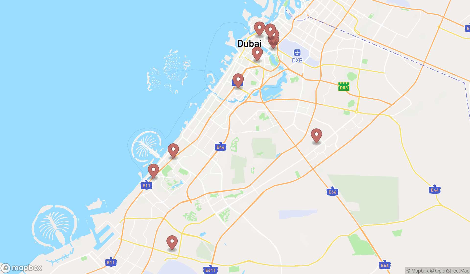 Map showing the search results in Dubai