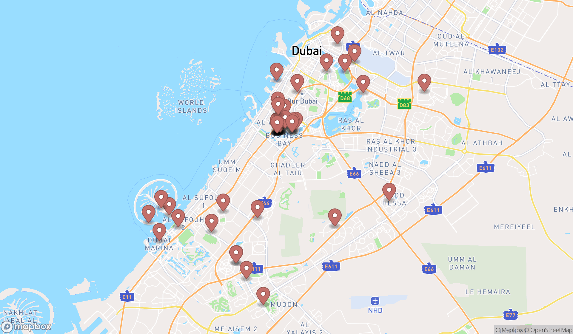 Map showing the search results in Dubai