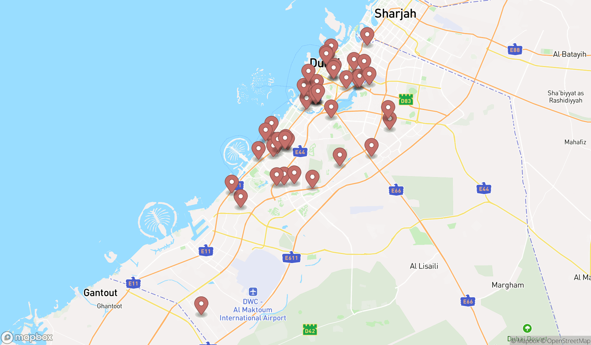 Map showing the search results in Dubai