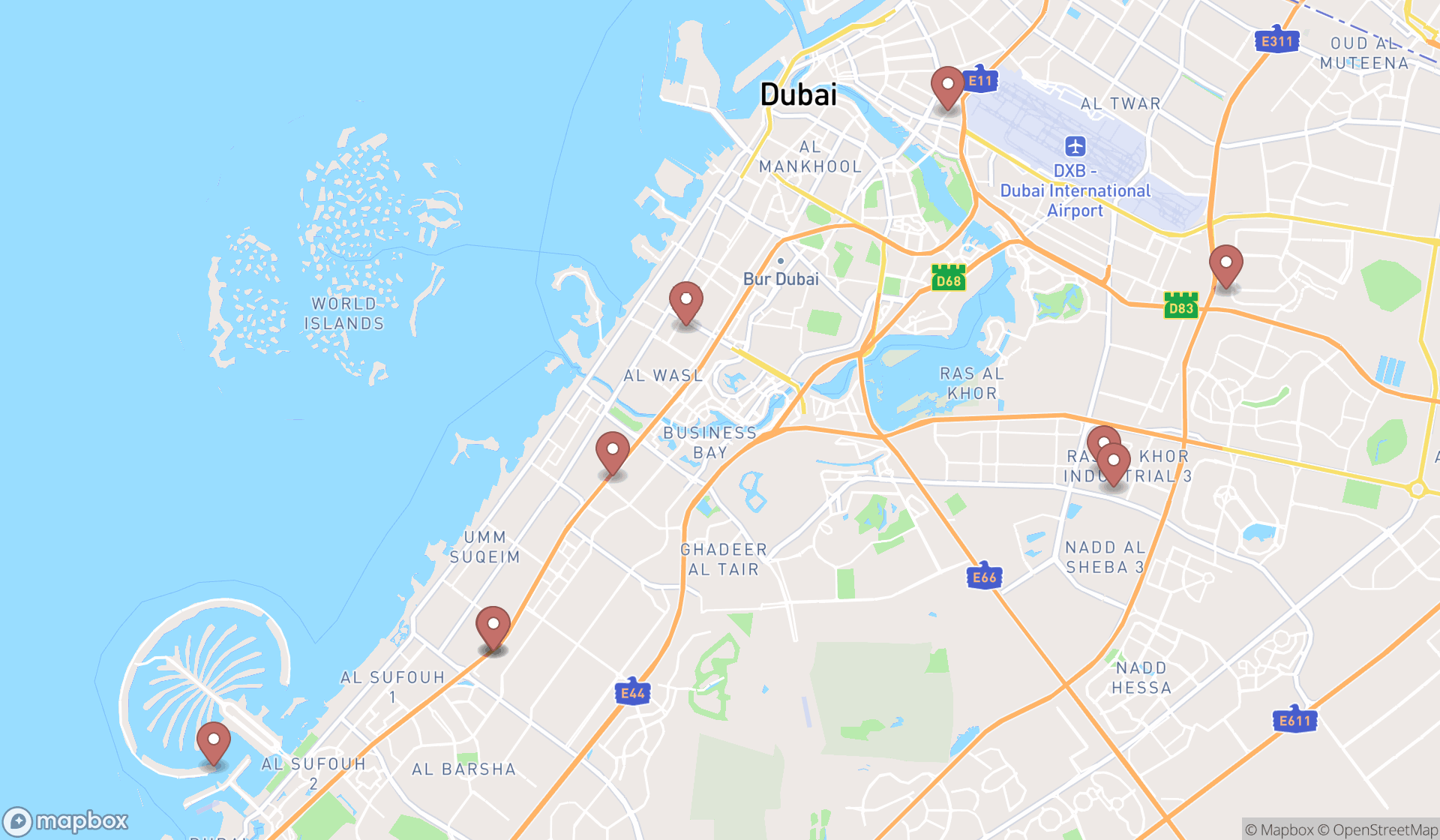 Map showing the search results in Dubai