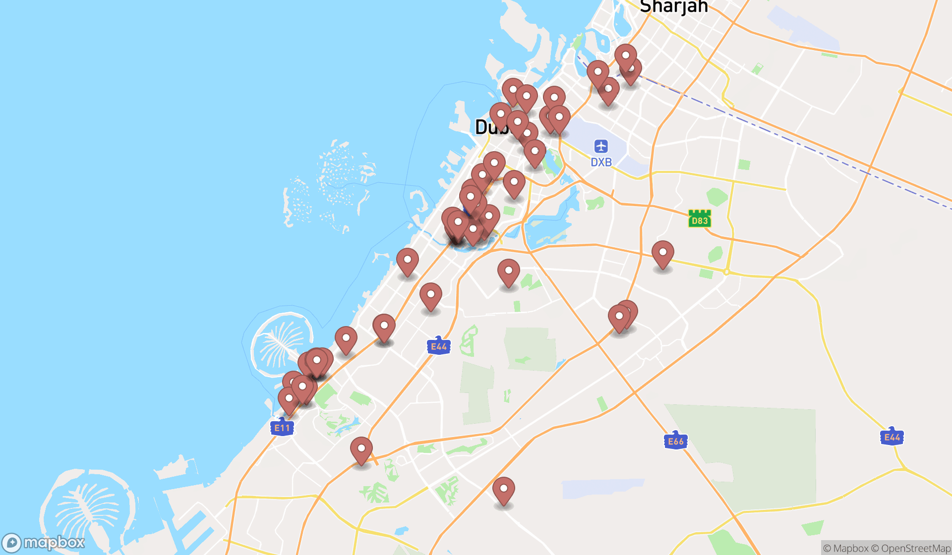 Map showing the search results in Dubai